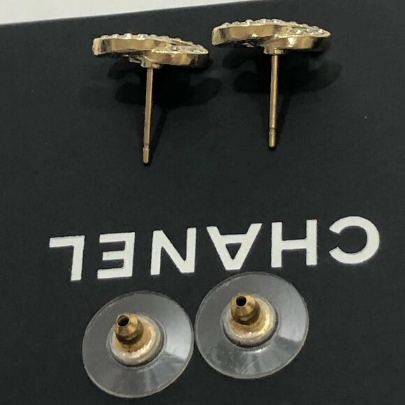 CHANEL CC Logos Rhinestone Stud Earrings Gold Tone F16V Auth w/Box #8250 - Picture 6 of 10